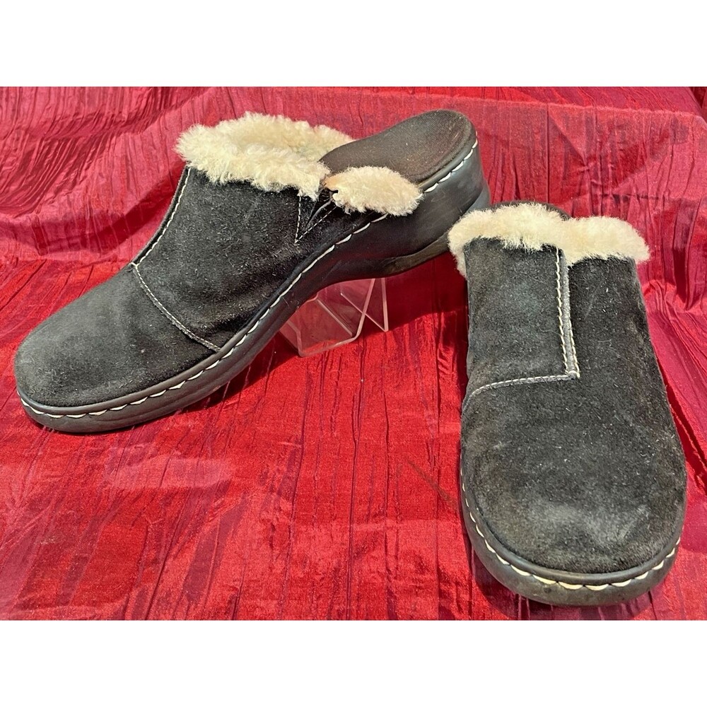Womens Clarks "Dandelion" Black Suede w Faux Fur Trim Clogs Mules Shoes  sz 10M